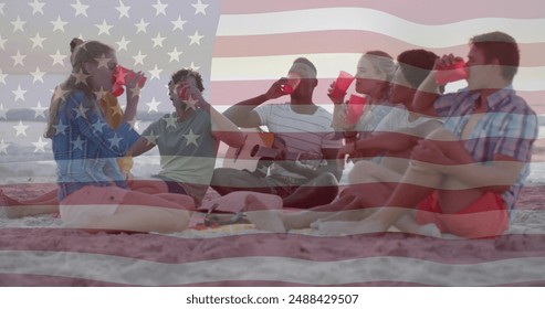 Image of flag of usa and beer icons over happy diverse friends at beach party in summer. American patriotism, diversity and vacation concept digitally generated image. - Powered by Shutterstock