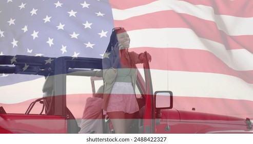 Image of flag of usa over african american woman talking on smartphone. Patriotism and celebration concept digitally generated image. - Powered by Shutterstock