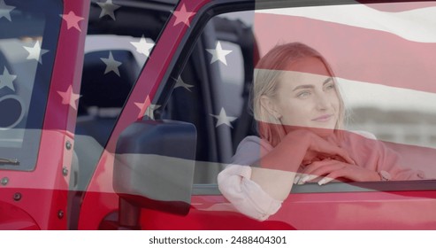 Image of flag of usa over caucasian woman by car on beach. American patriotism, diversity and vacation concept digitally generated image. - Powered by Shutterstock