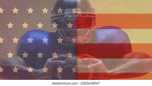 Image of flag of usa over caucasian male american football player holding ball. Sport and patriotism concept digitally generated image. - Powered by Shutterstock