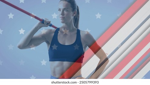 Image of flag of usa over caucasian sportswoman with javelin. Sport, flags and digital interface concept digitally generated image. - Powered by Shutterstock