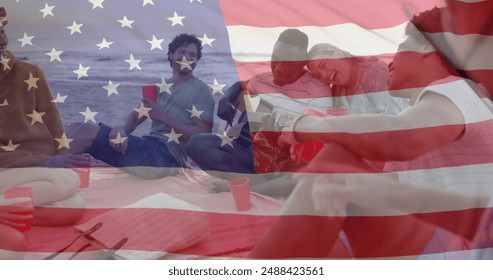 Image of flag of usa over happy diverse friends at beach party in summer. American patriotism, diversity and vacation concept digitally generated image. - Powered by Shutterstock