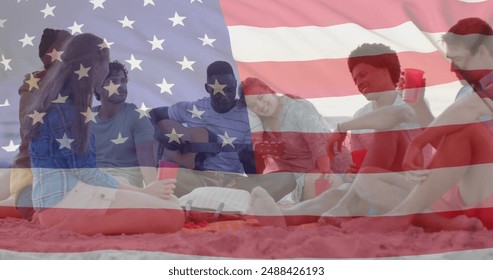 Image of flag of usa over happy diverse friends at beach party in summer. American patriotism, diversity and vacation concept digitally generated image. - Powered by Shutterstock