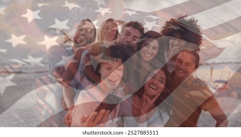 Image of flag of usa over happy diverse friends taking selfie on beach. American patriotism, summer and diversity concept digitally generated image. - Powered by Shutterstock