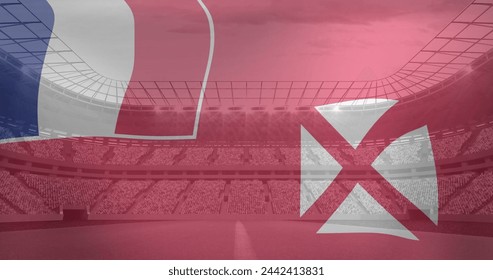 Image of flag of wallis and futuna over sports stadium. Global sport and digital interface concept digitally generated image. - Powered by Shutterstock