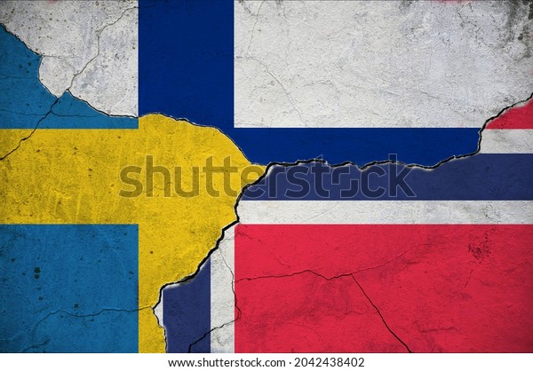 Image of flags of Sweden, Finland, Norway on a\
wall with a crack. Split.