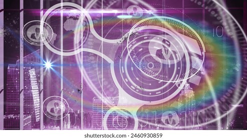 Image of flare, digital circles with globe, profile icons and binary code over city. Digitally composite, multiple exposure, hologram, infographic, globalization, futuristic, technology, building.