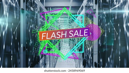 Image of flash sale text banner over abstract neon shapes against computer server room. Sale discount and retail business concept