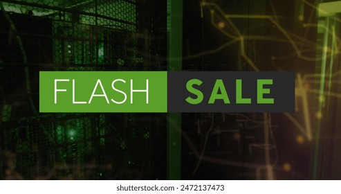 Image of flash sale text and navigation pattern over data server systems in server room. Digital composite, multiple exposure, discount, shopping, data center, networking and technology concept.