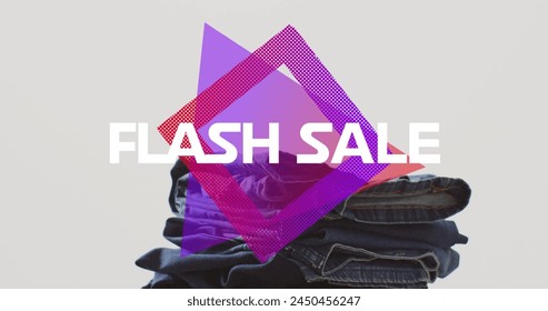 Image of flash sale text over denim trousers on white background. Sales, retail, shopping, digital interface, communication, computing and data processing concept digitally generated image.