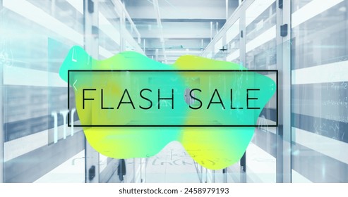 Image of flash sale text over gradient banner and light trails against computer server room. Sale discount and retail business concept