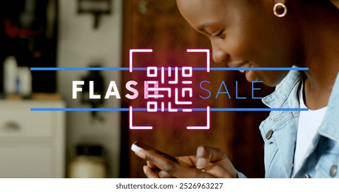 Image of flash sale text and qr code over african american woman using smartphone. Social media and digital interface concept digitally generated image.