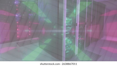 Image of flashing green and pink neon lights over computer server room. Global communication, business, data and digital interface concept digitally generated image.