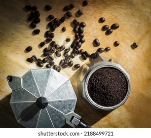 An Image Flat Lay Or Top View Coffee Ground In Moka Pot Is A Coffee Maker Is A Beverage For Break Morning On The Dark Background.