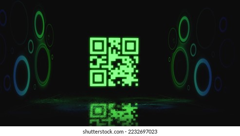 Image of flickering green QR code with green and blue neon circles on black background. Information interface digital computer technology concept digitally generated image.