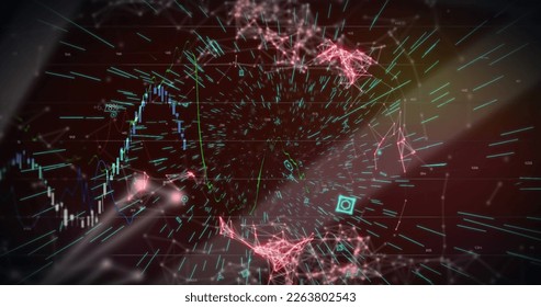 Image of flickering qr code over network of connections and neon lights. Global online security and data processing concept digitally generated image.