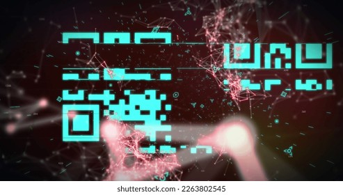 Image of flickering qr code over network of connections and neon lights. Global online security and data processing concept digitally generated image.