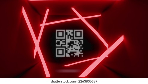 Image of flickering qr code scanner and neon red stripes against red background. Digital payment technology concept