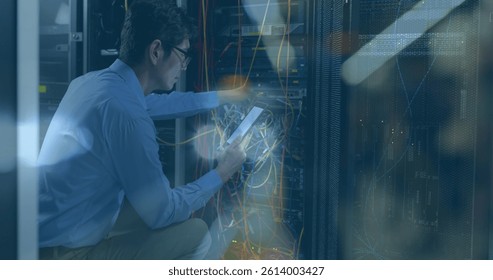 Image of flickering road lights over asian it technician with smartphone by computer server. global computing and data processing concept digitally generated image.