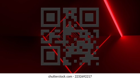 Image of flickering white QR code with red neon lines on red background. Information interface digital computer technology concept digitally generated image.