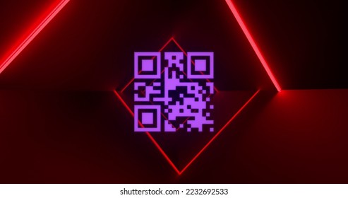 Image of flickering white QR code with red neon lines on red background. Information interface digital computer technology concept digitally generated image.