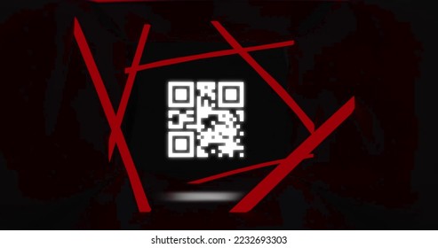 Image of flickering white QR code with red neon lines on red background. Information interface digital computer technology concept digitally generated image.