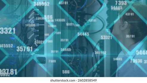 Image of floating changing numbers over caucasian woman working in server room. digital interface global connections concept digitally generated image.