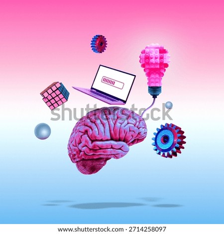 An image a floating human brain connected to a light bulb made from a construction toy, a laptop with loading symbol, a logic toy, gears and  in neon light. Art collage.