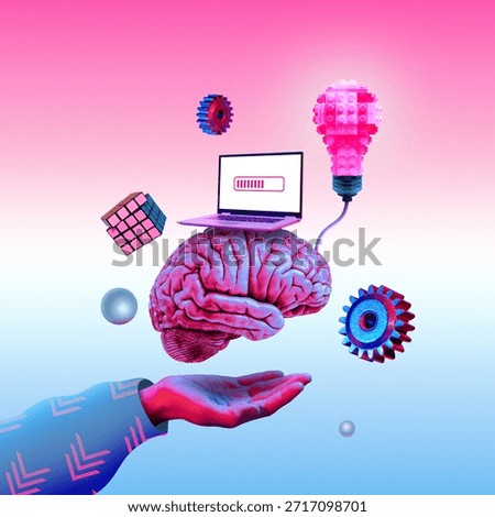 An image a floating human brain connected to a light bulb made from a construction toy, a laptop with loading symbol, a logic toy, gears in the air above the open palm in neon light. Art collage.