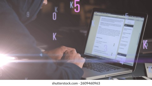 Image of floating numbers and letters over caucasian man using laptop. global science, technology and digital interface concept digitally generated image. - Powered by Shutterstock - Get 15% off with code: PIKWIZARD15