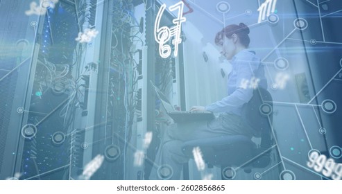 Image of floating numbers over caucasian woman working in a server room. digital interface global connections concept digitally generated image.