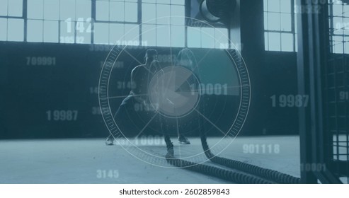 Image of floating numbers over man exercising with ropes in an abandoned building. Digital interface global sport and performance concept digitallygenerated image. - Powered by Shutterstock - Get 15% off with code: PIKWIZARD15