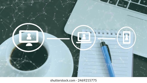 Image of flow chart of icon and connected dots over laptop, notepad and coffee cup on table. Digital composite, multiple exposure, communication, beverage and technology concept. - Powered by Shutterstock