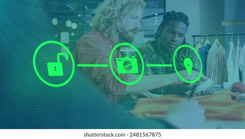 Image of flowchart of icons over diverse designers discussing about clothes design in office. Digital composite, multiple exposure, communication, ideas, teamwork and technology concept. - Powered by Shutterstock