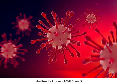 Bild der Grippe-COVID-19-Viruszelle unter dem Mikroskop auf dem Blut.Coronavirus Covid-19 Ausbruch Grippe Hintergrund.Pandemisches medizinisches Gesundheitsrisiko Konzept mit Krankheitszelle als 3D-Rendering.