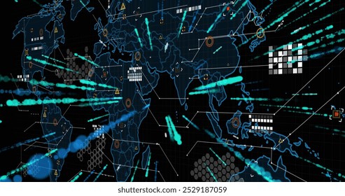 Image of flying dots forming lines, abstract pattern, shapes over map against black background. Digitally generated, hologram, global, illuminated, communication and technology concept.