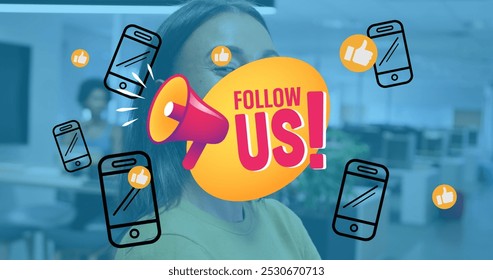 Image of follow us and smartphones over biracial woman smiling at camera in office. Business, social media, communication and technology concept digitally generated image. - Powered by Shutterstock