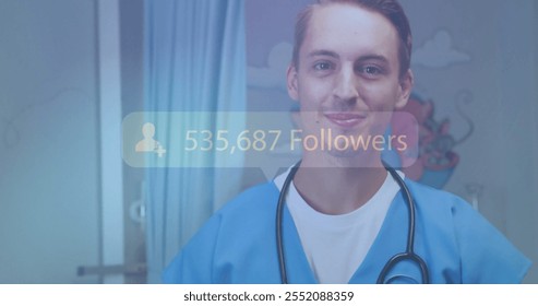 Image of followers growing number over caucasian male doctor using tablet. Global social media, communication and digital interface concept digitally generated image. - Powered by Shutterstock