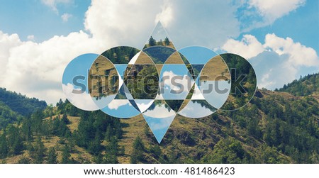 Image of the forest, mountains and the sacred geometry symbol, collage