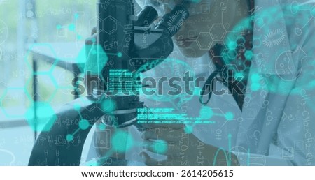 Image of formulas and data processing over caucasian female lab worker using microscope. medicine, health and technology concept digitally generated image.