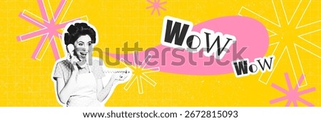 Image full 3d panoramic art collage of excited housemaid girl hold telephone receiver speak telemarketing connection wow talk