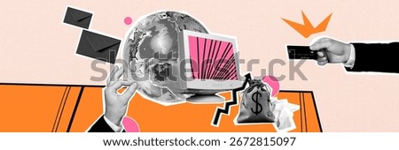 Image full 3d panoramic art collage of human hands hold dollar capital income earth planet freelance newsletter pc monitor