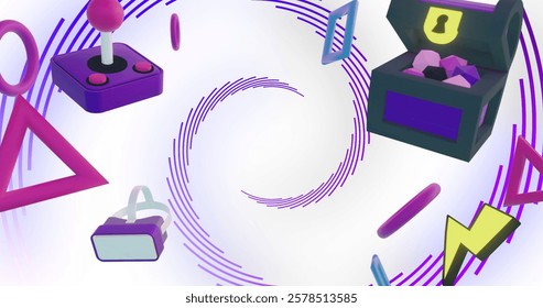 Image of game controllers, equipment and icons over purple spiral lines processing. network, data, gaming, loading, digital interface and communication, digitally generated image. - Powered by Shutterstock - Get 15% off with code: PIKWIZARD15