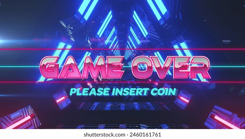Image of game over and please insert coin text in illuminated triangular tunnel. Digital composite, end, arcade, image game, competition, abstract, glowing and technology concept.