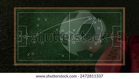 Image of game plan on board over sports shoe and football. Global sport and digital interface concept digitally generated image.