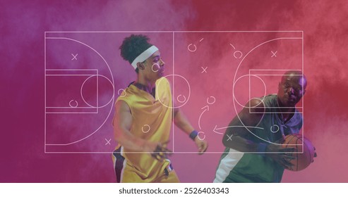 Image of game tactic diagram over african american male basketball opponent players with ball. Sport, competition, skill, game, digital interface, data and communication digitally generated image. - Powered by Shutterstock