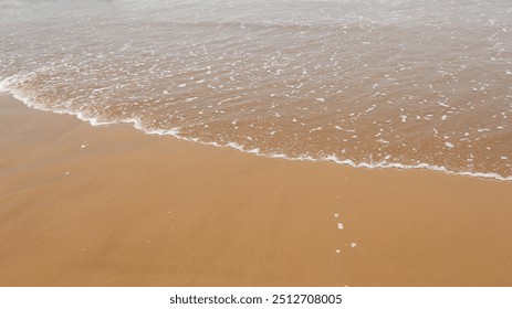 Image of gentle ocean waves caressing the sandy shore, foam lightly touching the wet sand as the water recedes. The peaceful scene evokes a serene and tranquil beach atmosphere - Powered by Shutterstock