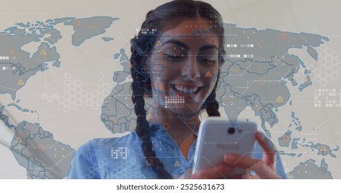 Image of geometric shapes on map over low angle view of smiling biracial woman using cellphone. Digital composite, multiple exposure, global, office, abstract and technology concept. - Powered by Shutterstock