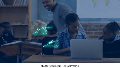 Image of geometry equations over happy african american male teacher and schoolboys in class. Mathematics, school, science, learning and education, digitally generated image. - Powered by Shutterstock