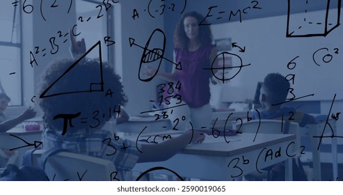 Image of geometry and maths equations over diverse female teacher and schoolchildren in class. Mathematics, data, school, education and learning, digitally